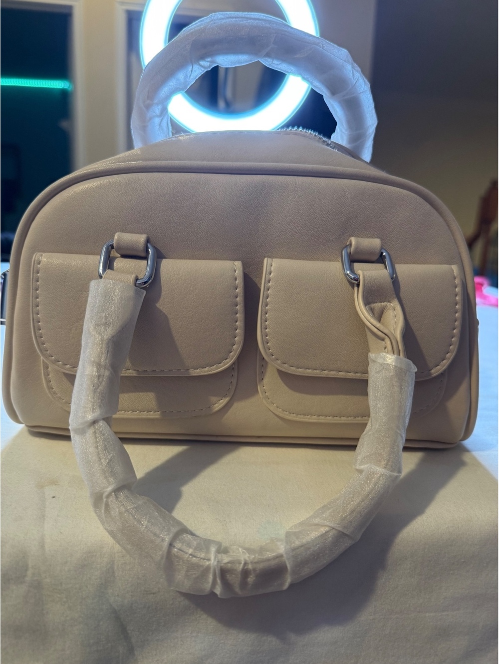 Meileti Beige Satchel/Top Handle Bag with Dual Front Pockets